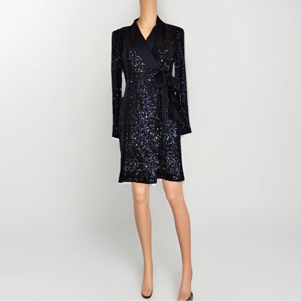 Tahari ASL Black Sequin Long Sleeve Dress Size 4